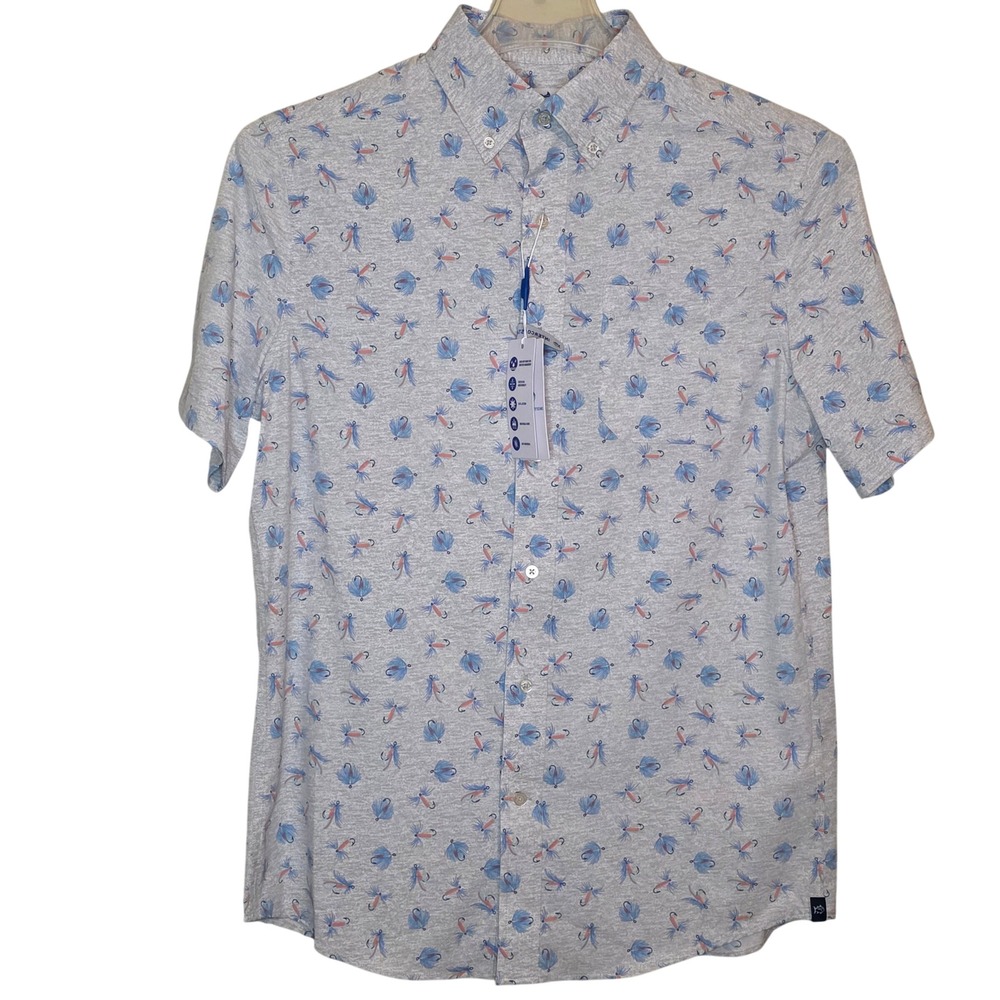 Southern Tide Mens Short Sleeve Button Down Shirt Fly Fishing Print Gray‎ Size S